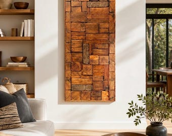 Reclaimed Wood Mosaic Wall Art – 3D Geometric Sculpture, Rustic Farmhouse Decor