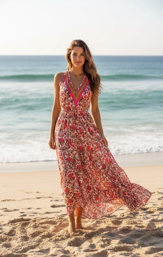 bright boho dress Ruffle Maxi Dress, Halter Neck, Open Back, Rayon, Festival Ethnic Style boho theme dress to impress