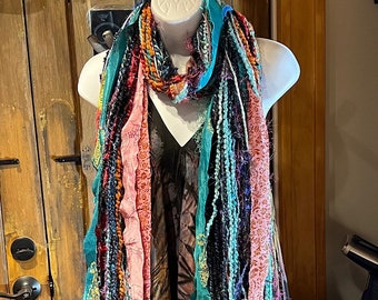 Boho Fringe Festival Long Scarf, gift for her, Yarn Ribbon Scarf,Bohemian Recycled Vintage Silk Sari Yarns Ribbons, Hippie Fringe Scarf
