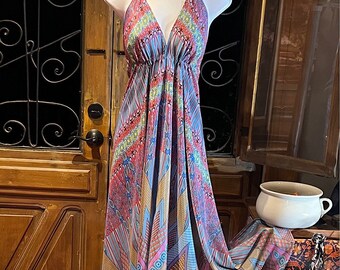 Boho Silky Dress, Bohemian Halter, Dress Ethnic Beach Dress, Festival Dress, Hippie Dress, Vintage Silk style Dress, Boho Chic Gypsy Dress