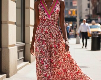 May include: A sleeveless maxi dress featuring a vibrant floral pattern in shades of red, pink, and brown on a white background. The dress has a deep V-neckline accented with bright pink and lime green trim, a cinched waist, and a flowing skirt.