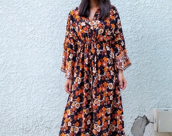 Boho Kimono Long Dress, Hippie Dress, Long Bell Sleeves Dress, Bohemian Festival Ethnic Dress, Boho Dress, Beach Gypsy Adjustable Dress