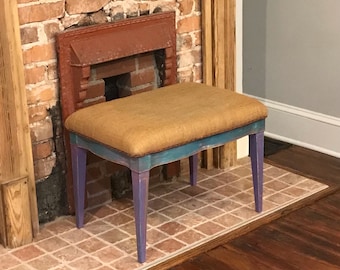 Vintage Vanity Rustic Bench, Hand painted Antique Bench, old Mid Century Farm house chalk painted bench, Burlap Upholstered vintage stool