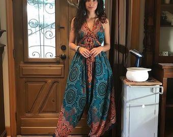 Groene turkoois boho-jumpsuit, wijde rayon harembroek, boho festivalkleding
