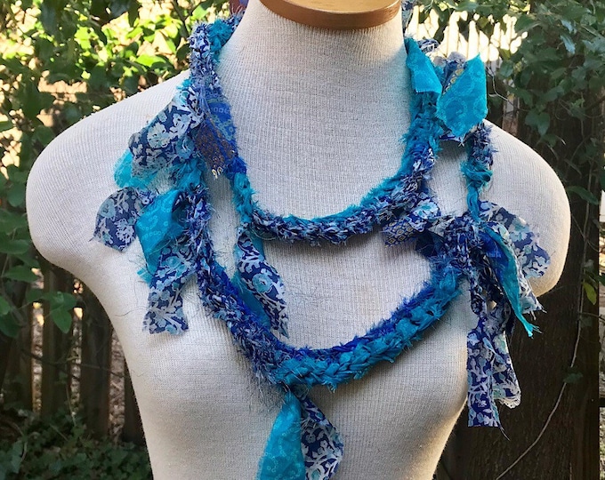 Boho festival Rope Belt necklace Scarf, bohemian silk Recycled vintage silk sari Fabric ribbons, Hippie Crocheted Belt, Boho Hippie Clothing