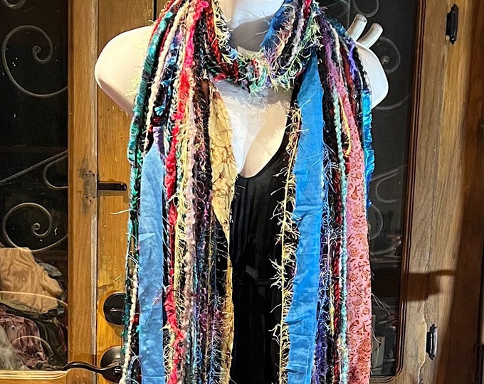 Boho Fringe Festival Long Scarf, gift for her, Yarn Ribbon Scarf,Bohemian Recycled Vintage Silk Sari Yarns Ribbons, Hippie Fringe Scarf