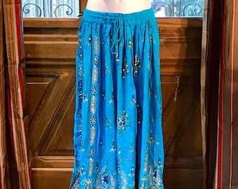 Sequined Embroidery Long Maxi Skirt, Bohemian Boho Chic Festival Ethnic Hippie Summer Sparkle One Size Feminine Long Skirt.