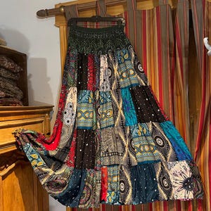 Gonna Lunga In Cotone Stile Zingara, Patchwork Hippie Bohemien - Fatta A Mano In India, Vita Alta