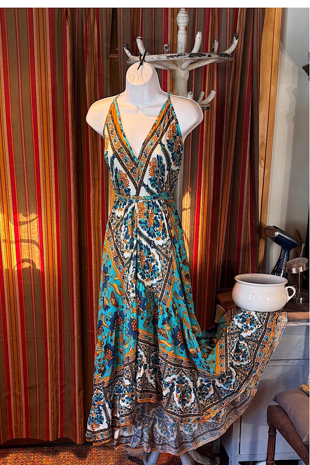 Boho Ruffle Maxi Dress, Halter Open Back Rayon Dress