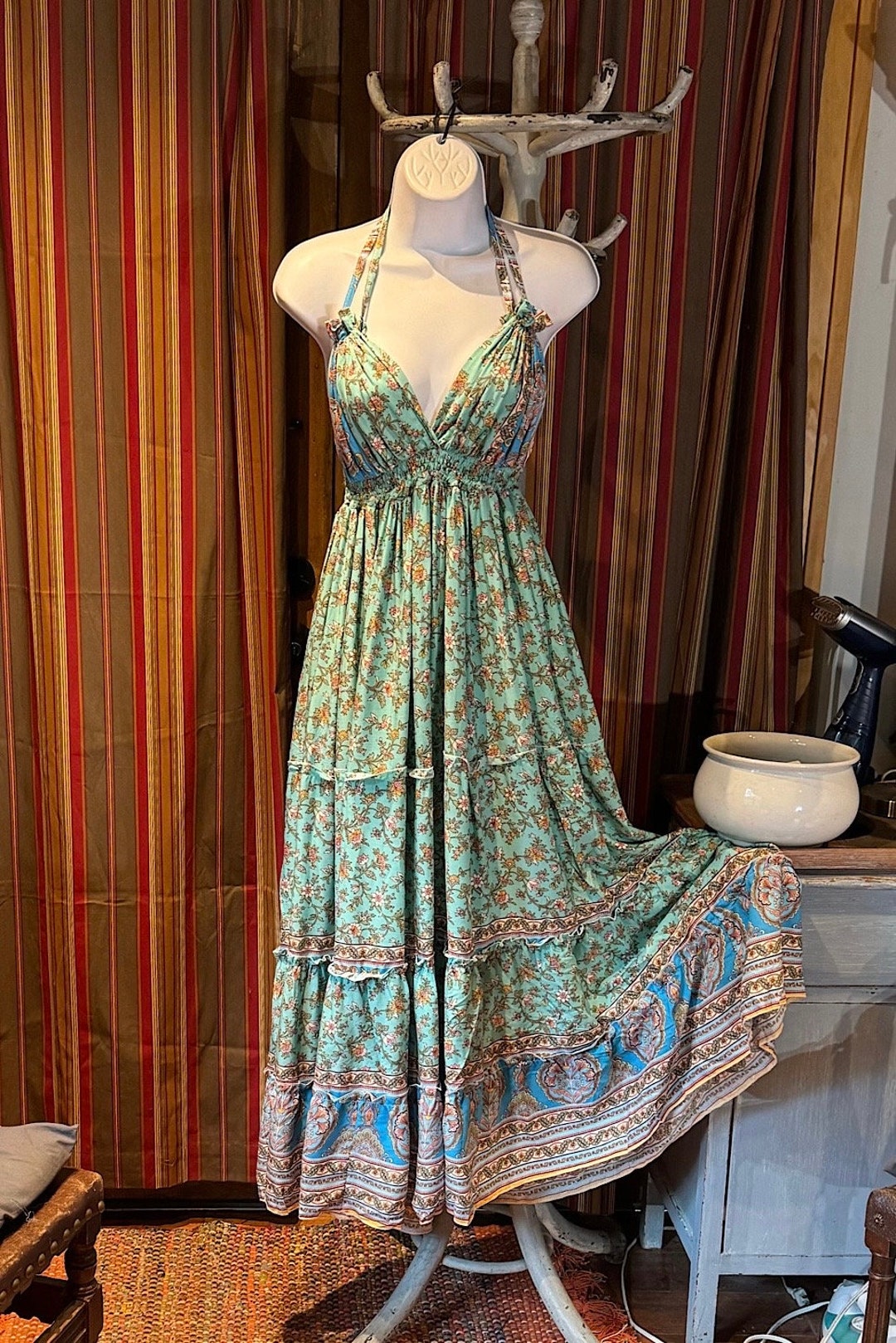 Loose Vintage Ruffles Printed Full Sleeve Boho Dress