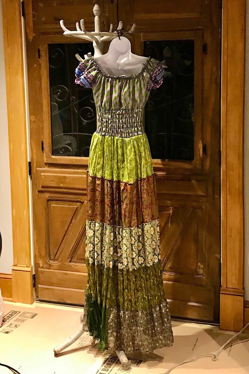 Hippie Bohemian Dress Boho Silk Dress Gypsy Boho Dress Festival Dress Recycled Ethnic Patch work Sari Dress Vintage Maxi Boho Dress