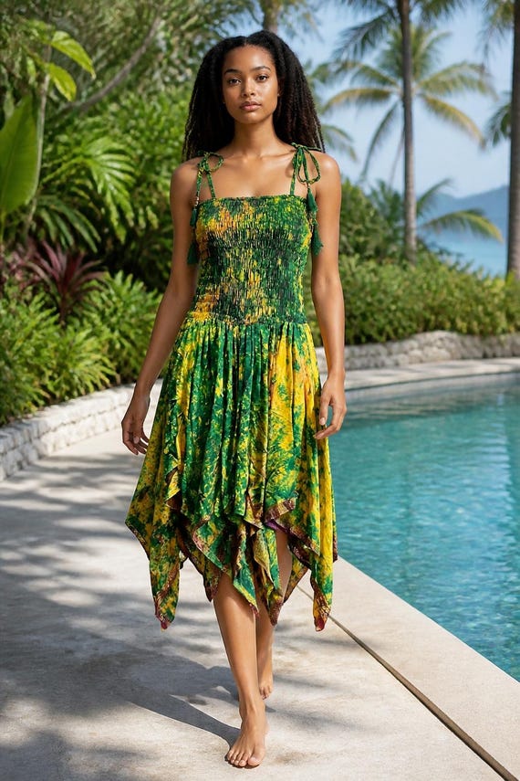 tie dye asymmetrical dress Sari Silk Dress, Bohemian Green Tube Top, Hem A-Line Button-Up Dress | prom 2023 Tie Dye Is Trending Size:64 Short