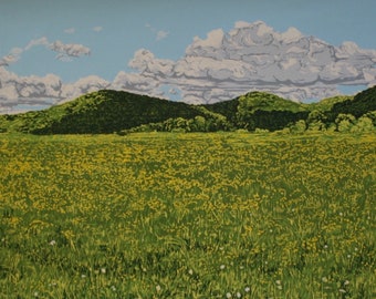 Buttercups at Hewittville, North Pomfret, Vermont - reduction woodblock print