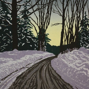 Winter Road at Dusk 12" x 18" woodcut