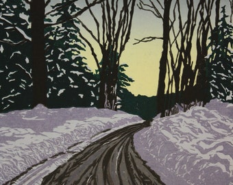 Winter Road at Dusk 12" x 18" woodcut