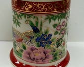 Vintage Pheasants Porcelain Candle Holder, Peacock Bird Red Gilded Candlestick