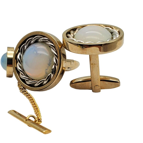 Faux Opal Cufflinks Tie Tack Sarah Coventry Sun Valley Gold Tone Pin Cuff Links