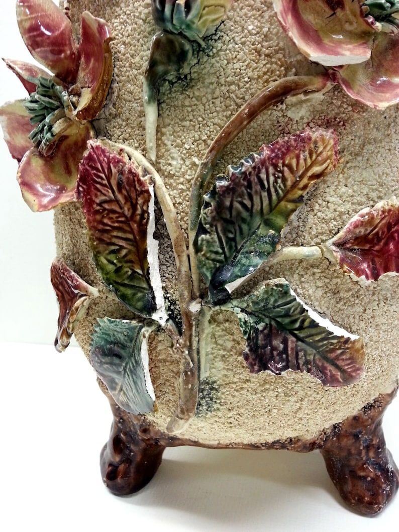 Sand Majolica Victorian Pottery Footed Vase Antique Wild Rose Vase