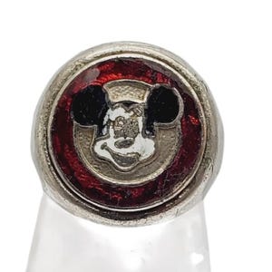 Disney Mickey Mouse Ring Silver Tone Red Enamel Vintage Adjustable Collectible immagine 1