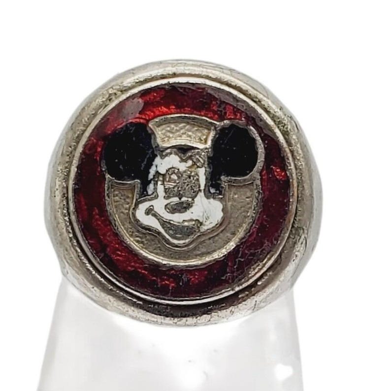 Disney Mickey Mouse Ring Silver Tone Red Enamel Vintage Adjustable Collectible immagine 1