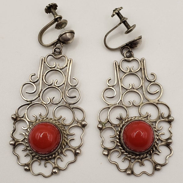 1940s Filigree Dangle 925 Earrings Diaz Santoyo Screw Back Red Accent Mexican Sterling