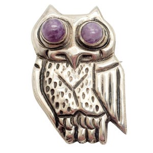 Vintage Taxco Sterling Silver Owl Brooch Mexico Purple Eyes 925 Large Pin Gift