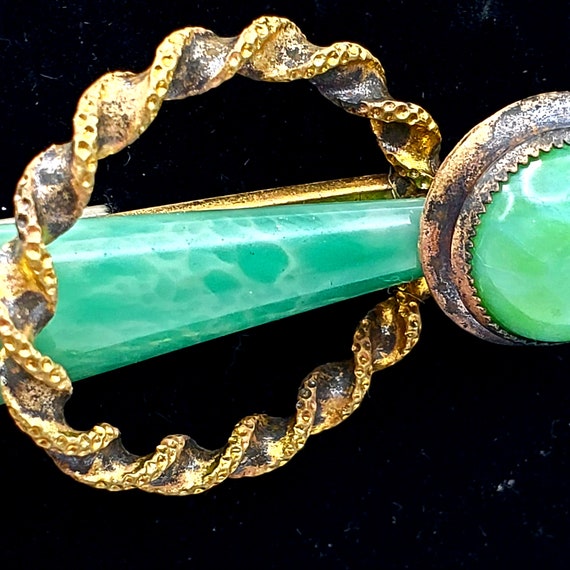 Antique Jadeite Green Stone Bar Pin Gold Tone Bro… - image 8