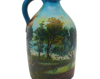 Primitive Folk Art Jug Stoneware Painted Landscape Boat Antique Farmhouse Rustic