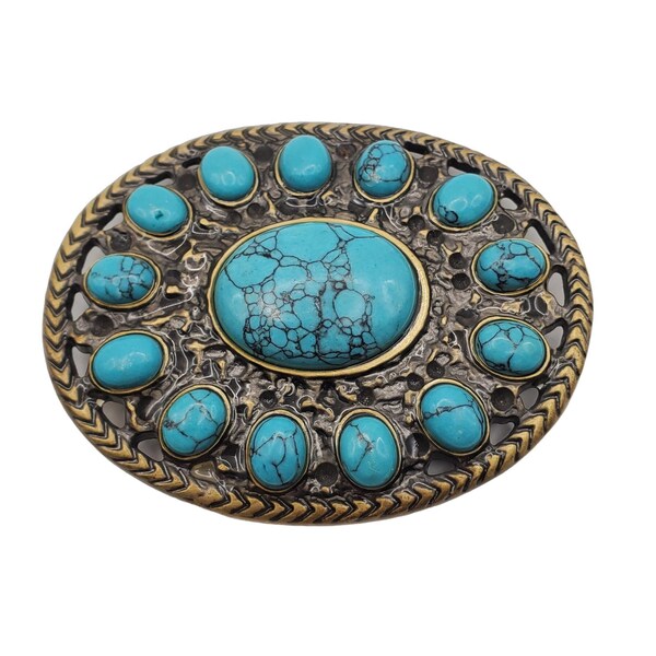 Faux Turquoise Oval Belt Buckle Vintage Southwest Style Brass