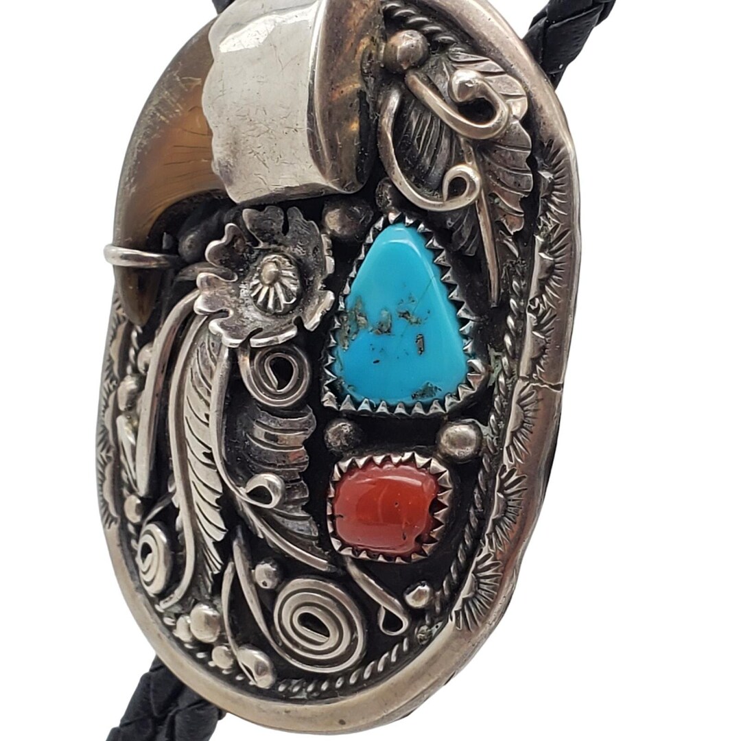 Navajo Sterling Silver Bolo Tie Turquoise Coral Native American Verdy ...
