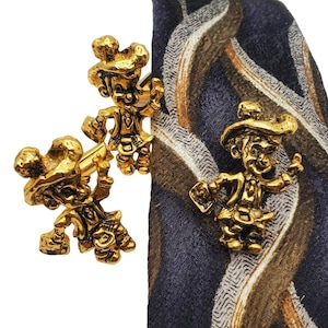 Irish Figural Cufflinks Tie Tack Pin Set Gold Tone Scottish Leprechaun Vintage