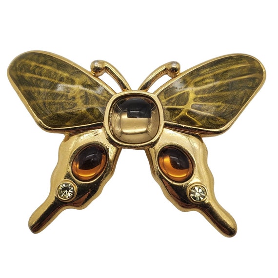 Monet Butterfly Brooch Gold Tone Green Cabochon P… - image 1