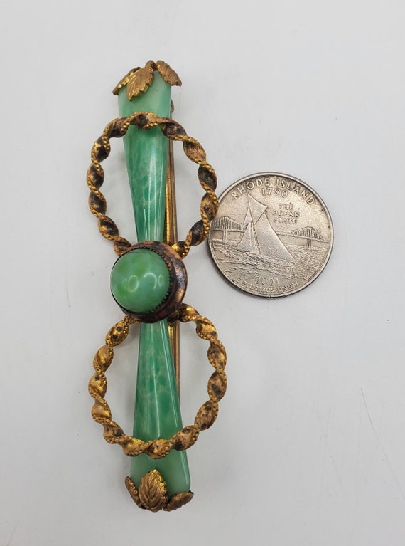 Antique Jadeite Green Stone Bar Pin Gold Tone Bro… - image 6