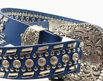 Nocona Blue Leather Belt Clear Crystal Studs Silver Tone Buckle  Small