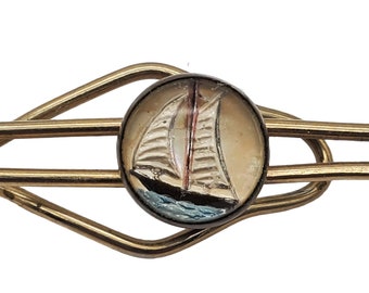 Sailboat Tie Bar Money Clip Reverse Painted Glass Nautical Clasp Boating
