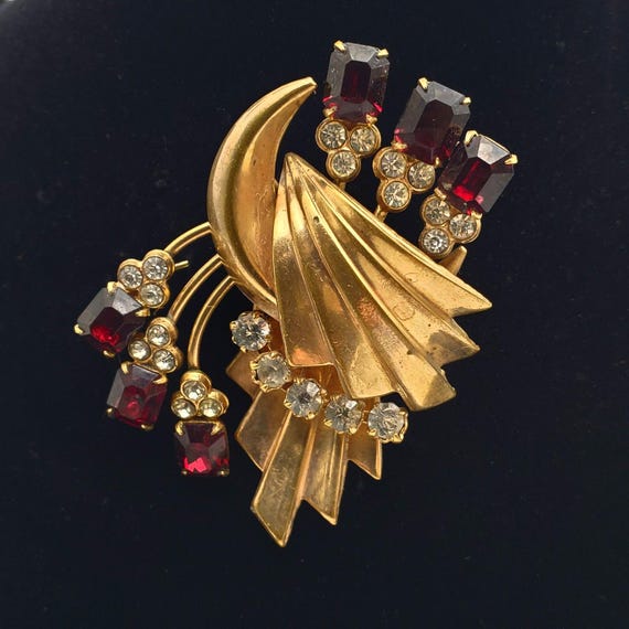 Gold Spray Brooch Ruby Red Clear Rhinestones Fan … - image 2