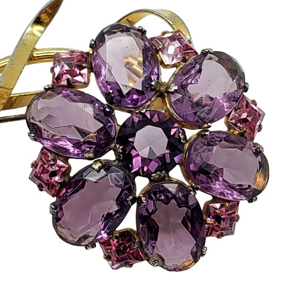 Sterling Purple Pink Faceted Glass Brooch Gold Ver