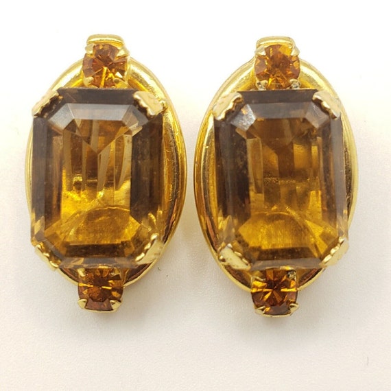 Chunky Brown Topaz Rhinestone Clip Earrings Gold … - image 3