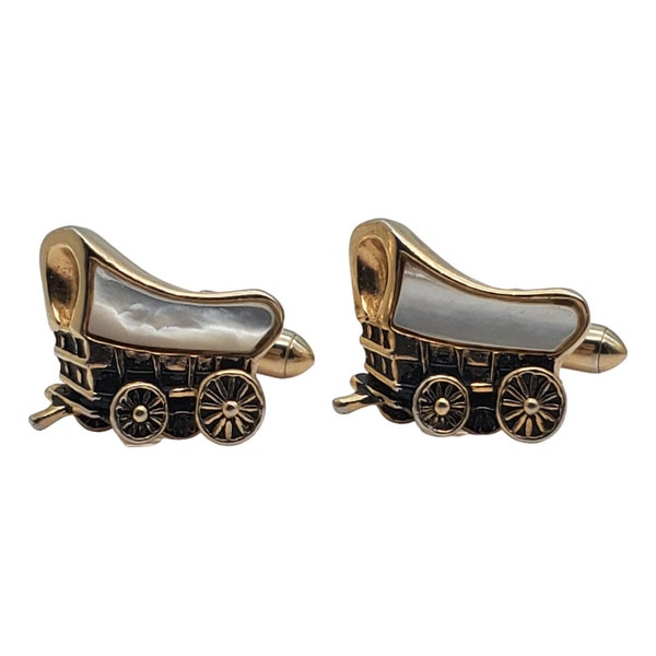 Swank Stagecoach MOP Cufflinks Covered Wagon Shell Gold Tone Cuff Links Vintage