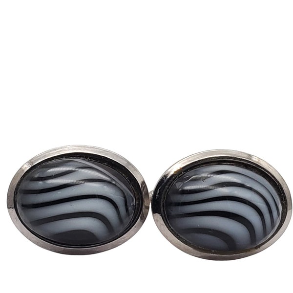 Oval Black White Zebra Cufflinks Silver Tone Vintage Art Glass Faux Stone