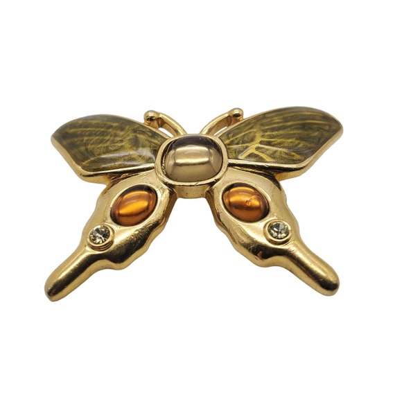 Monet Butterfly Brooch Gold Tone Green Cabochon P… - image 2