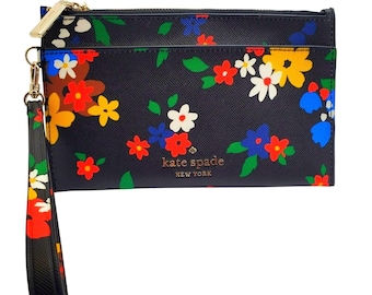 Kate Spade Black Floral Saffiano Leather Wristlet Wallet Clutch Bag Small Purse