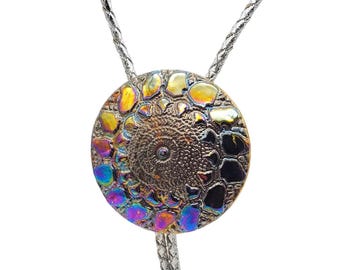 Bolo Tie Silver Iridescent Molded Acrylic Fossil Style Southwestern Mens Vintage