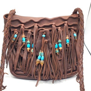 Soft Brown Leather Shoulder Bag Fringe Purse Boho Western Handbag Turquoise SW