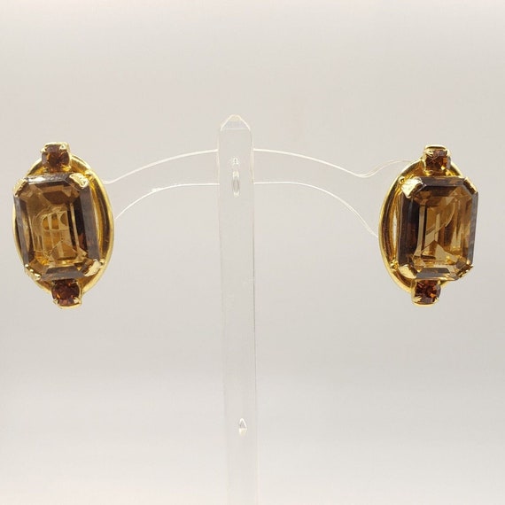 Chunky Brown Topaz Rhinestone Clip Earrings Gold … - image 7
