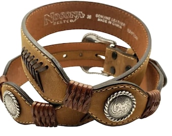 Nocona Tan Brown Leather Belt 36 Western Braided Silver Concho Floral Buckle