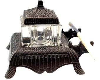 Eastlake Inkwell Glass Insert & Sterling Mother of Pearl Dip Pen Victorian Desk