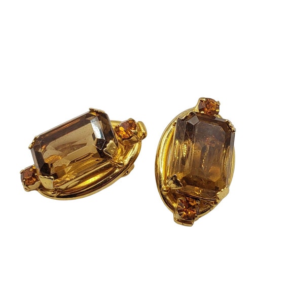 Chunky Brown Topaz Rhinestone Clip Earrings Gold … - image 1