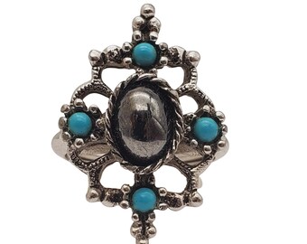 Avon Ring Silver Tone Faux Hematite & Turquoise Size 4.5 Gothic Mirabella 1974