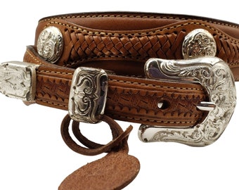 Justin Brown Leather Belt Braided Woven Silver Concho Buckle Size 30